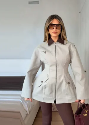 Women Chic Light Gray High Waisted Jacket Casual Lapel Collar Long Sleeved Zipper Coat New Trendy Outfit Commute Daily Clothing