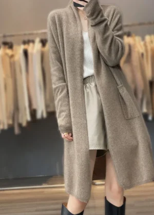 100% Merino Wool Spring Autumn Women's Cardigan Long Sleeve Sweater Solid Color Loose Warm Knitwear Fashion Female Long Coat