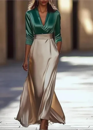 Fashion satin V-neck seven quarter sleeved top+high waisted skirt for spring and autumn womens elegant and temperament skirt set