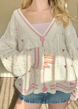 Lover Cardigan with Star Embroidery Pink Heart Cosy Soft Knit TS Cardigan Tay Sweater Jacket Vintage Fall Winter 1989