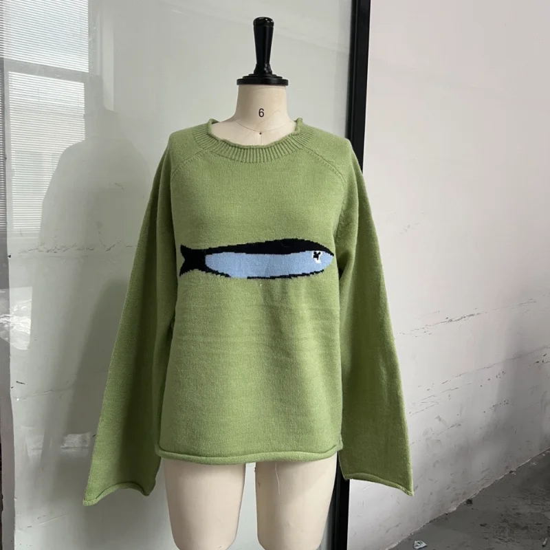 Cute Cartoon Fish Pattern Knitted Sweater Round Neck Soft Casual Trendy Retro Top 2025 Autumn Winter Women Interior Clothing - Image 6