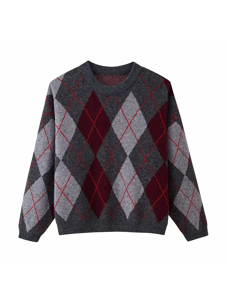 Women's New Plaid Jacquard Knitted Pullover Sweater Woman Round Neck Long Sleeve Loose Sweaters Street Versatile Sweaters - Image 2