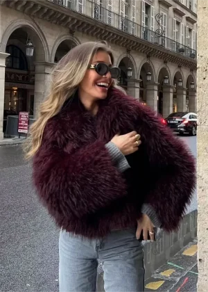 KONDALA 2025 Fall Winter Women Burgundy Casual Faux Fur Jackets Fashion Streetwear Turn Down Collar Warm Oversized Thick Coats