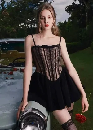 Luxury Lace Splice Mini Strap Dresses Spring Women Sleeveless Sexy Backless Dress Autumn High Waist Zipper Chest Wrapping Dress