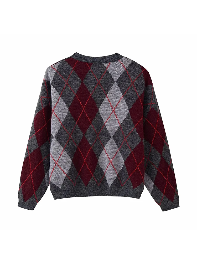 Women's New Plaid Jacquard Knitted Pullover Sweater Woman Round Neck Long Sleeve Loose Sweaters Street Versatile Sweaters - Image 3