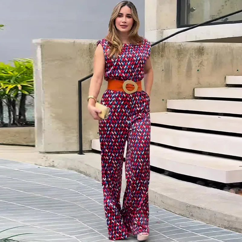 Jumpsuits Women One Piece Wide Leg Pants Print Sleeveless Round Collar Belt Tight Waist Trousers Jumpsuit Office Lady 2025 - Image 2