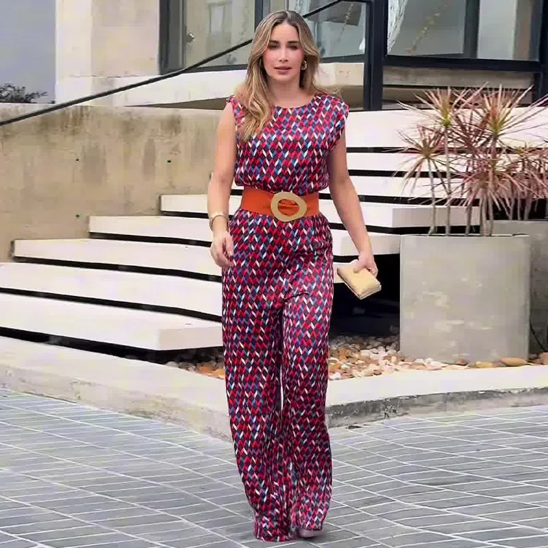 Jumpsuits Women One Piece Wide Leg Pants Print Sleeveless Round Collar Belt Tight Waist Trousers Jumpsuit Office Lady 2025 - Image 4
