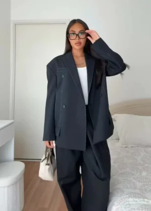 Women Casual Women's Blazer Pant Suits Loose Lapel Doube-Breasted Top Straight Pants Lady Set 2025 Autumn New 2 Pieces Set