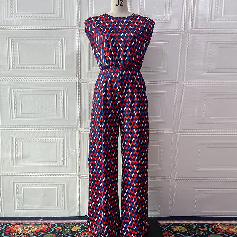 Jumpsuits Women One Piece Wide Leg Pants Print Sleeveless Round Collar Belt Tight Waist Trousers Jumpsuit Office Lady 2025 - Image 6