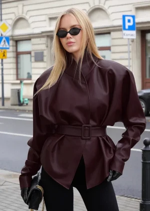 KIDCRKJ 2026 Spring Burgundy Leather Jacket Loose Spliced Waist-cinching Street Female Outwear Stylish Desinged  Moto Biker Coat