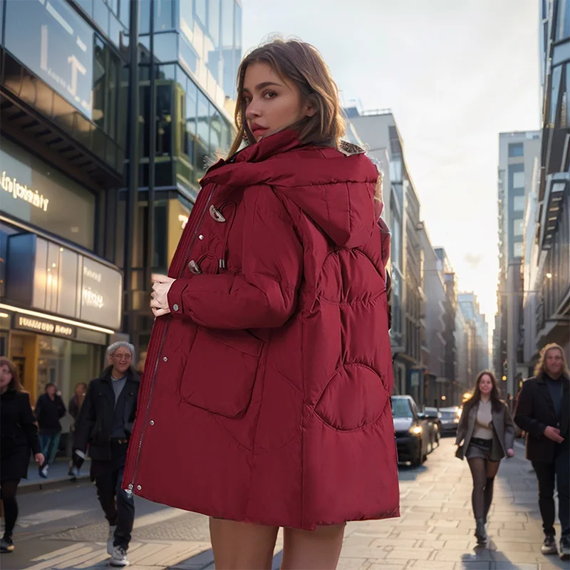 Women's Winter Long Cotton Jacket Female Hooded Horn Button Padded Outwear For Lady Female Thicken Warm Female Parkas Jacket - Image 4