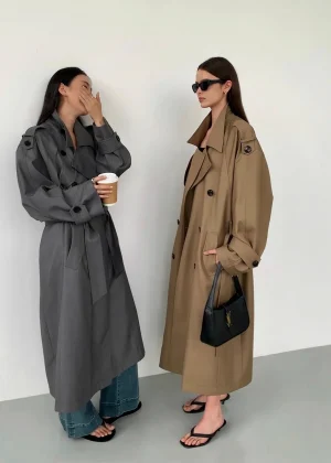 Mauroicardi Spring Autumn Grey Long Trench Coat for Women Sashed Double Breasted Loose Windproof Luxury Designer Clothes 2025