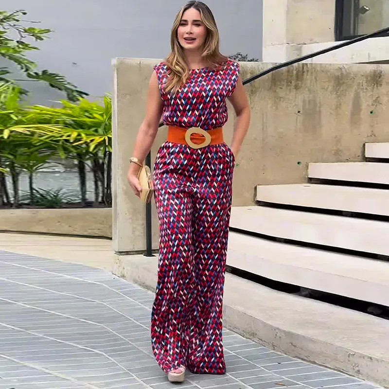 Jumpsuits Women One Piece Wide Leg Pants Print Sleeveless Round Collar Belt Tight Waist Trousers Jumpsuit Office Lady 2025
