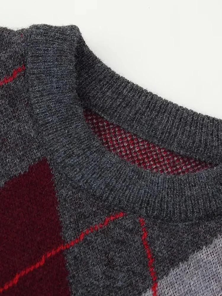 Women's New Plaid Jacquard Knitted Pullover Sweater Woman Round Neck Long Sleeve Loose Sweaters Street Versatile Sweaters - Image 5