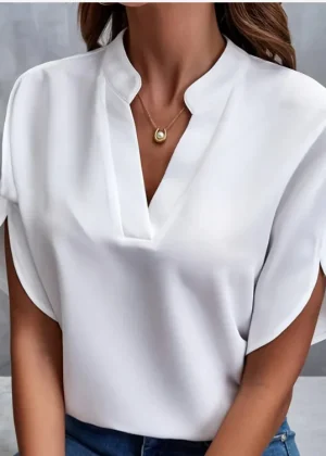 Summer Elegant Women's Blouse New V-neck Short Sleeve Solid Color Loose Shirt Casual White Tops Office Lady Blouses
