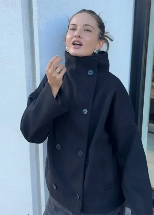 Casual Solid Turtleneck Pocket Coat Women Loose Double-Breasted Full Sleeve Outwear 2025 Autumn Winter Office Lady Jackets