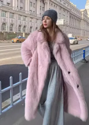 KIDCRKJ Winter Women eco fur coat pink double breasted thick female mink fur jacket long over the knee lady artificial fur coat
