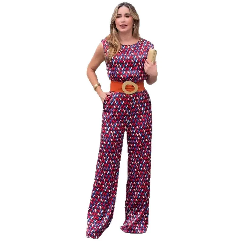 Jumpsuits Women One Piece Wide Leg Pants Print Sleeveless Round Collar Belt Tight Waist Trousers Jumpsuit Office Lady 2025 - Image 5