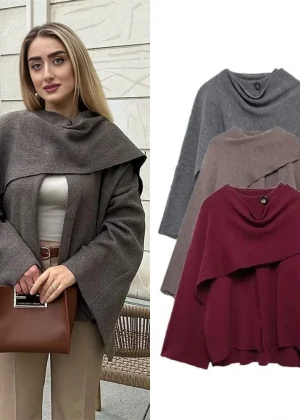Ladies Autumn Winter Jacket Women Casual Commuter Coat Knitted Loose Oversize Coat Asymmetric Elegant Split Chic Scarf Jacket