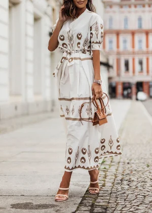 Women Fashion O Neck Button Shirt Dress Office Elegant Pattern Printed Party Dress Summer Casual Short Sleeve Bohe Long Dresses