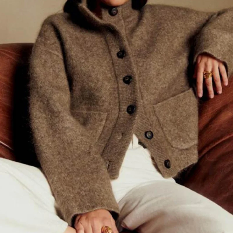 Fall Winter Casual Woolen Blended Jacket O Collar Long Sleeve Single Breasted Pocket Coat 2025 New Lady Solid High Street Wears